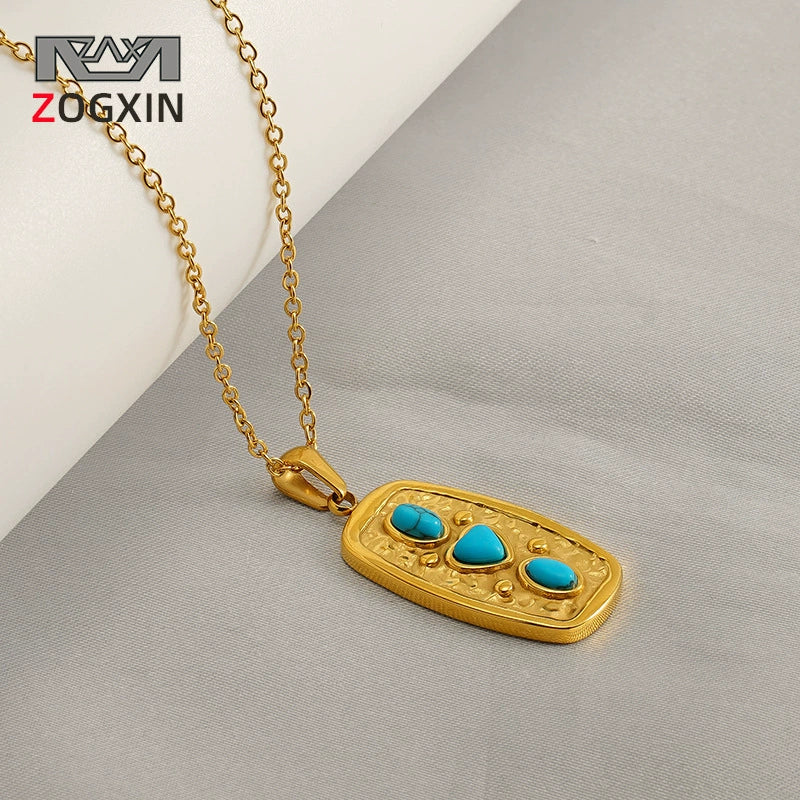 Retro Love Turquoise 316L Stainless Steel And 316L Stainless Steel Pendant Geometric Goldplated Necklace