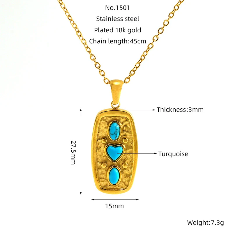 Retro Love Turquoise 316L Stainless Steel And 316L Stainless Steel Pendant Geometric Goldplated Necklace - Image 2