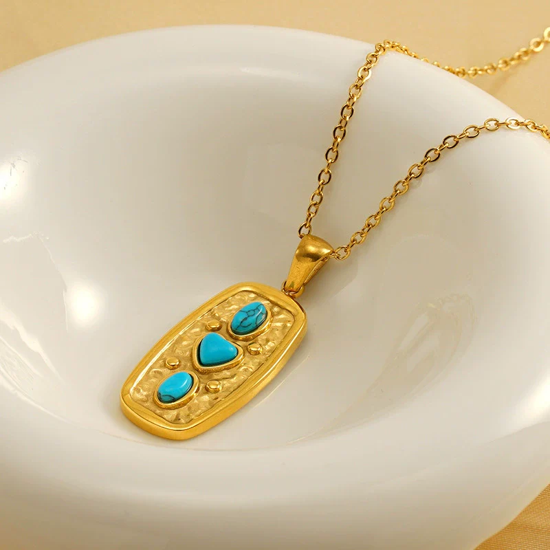 Retro Love Turquoise 316L Stainless Steel And 316L Stainless Steel Pendant Geometric Goldplated Necklace - Image 3