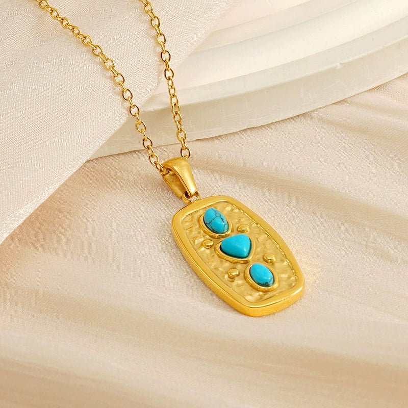 Retro Love Turquoise 316L Stainless Steel And 316L Stainless Steel Pendant Geometric Goldplated Necklace - Image 4