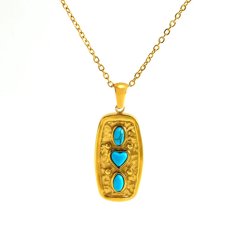 Retro Love Turquoise 316L Stainless Steel And 316L Stainless Steel Pendant Geometric Goldplated Necklace - Image 5