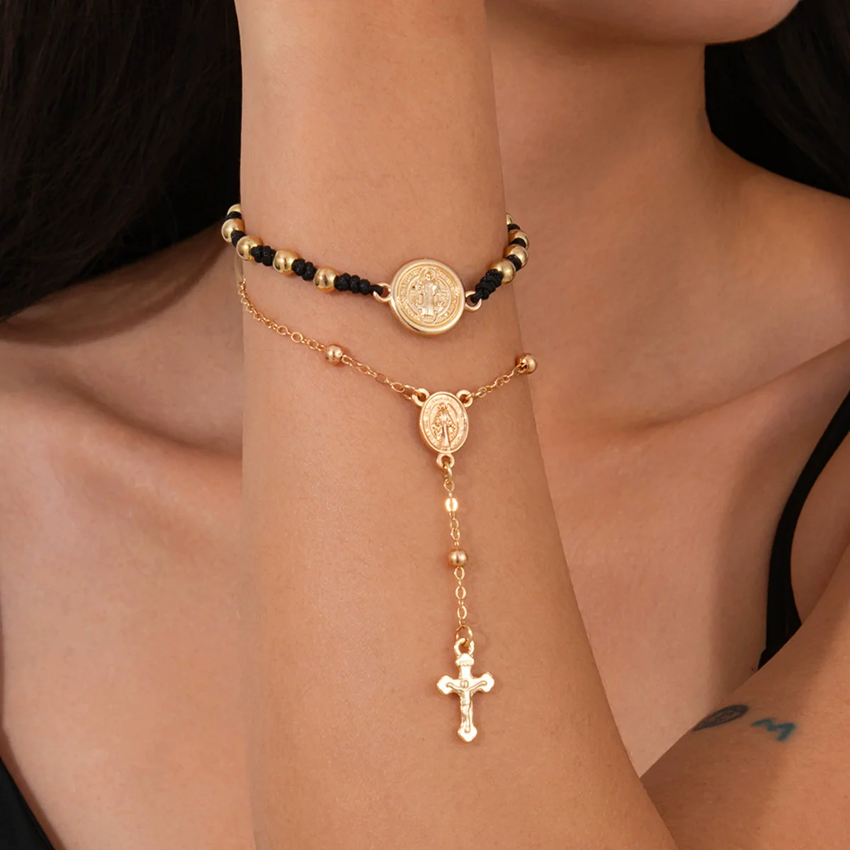 Retro Metal Geometric Hiphop Bracelet With Cross Tassel Coin Chain Jade Wire Copperclad Iron Chain Alloy Electroplated