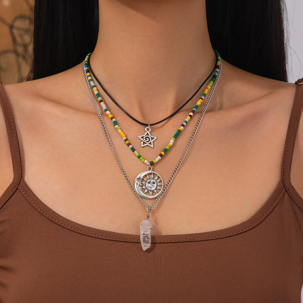 Retro Necklace Alloy Pendant With Blue Eyes Irregular Stone And Star Moon Geometric Heart Shape Electroplated Cross Chain For Women - Image 12