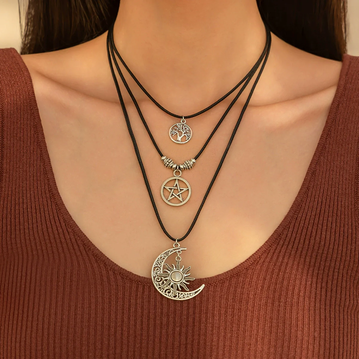 Retro Necklace Alloy Pendant With Blue Eyes Irregular Stone And Star Moon Geometric Heart Shape Electroplated Cross Chain For Women - Image 2