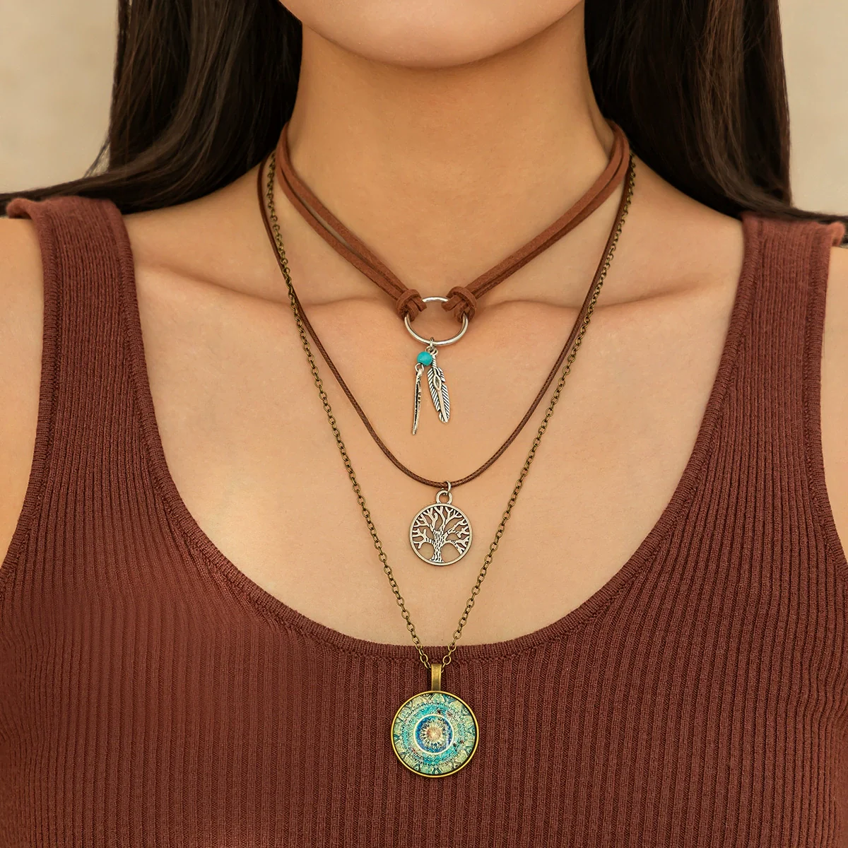 Retro Necklace Alloy Pendant With Blue Eyes Irregular Stone And Star Moon Geometric Heart Shape Electroplated Cross Chain For Women - Image 7