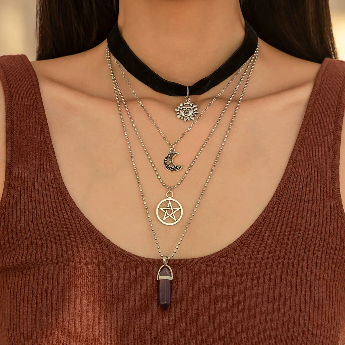 Retro Necklace Alloy Pendant With Blue Eyes Irregular Stone And Star Moon Geometric Heart Shape Electroplated Cross Chain For Women - Image 9