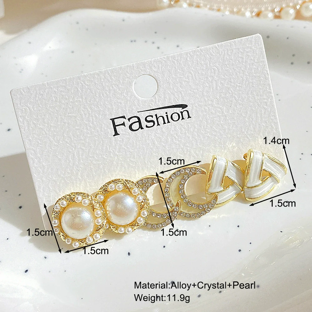 Retro Rhinestone Flower Pearl Geometric Metal Electroplating Unisex Earrings Set - Image 2