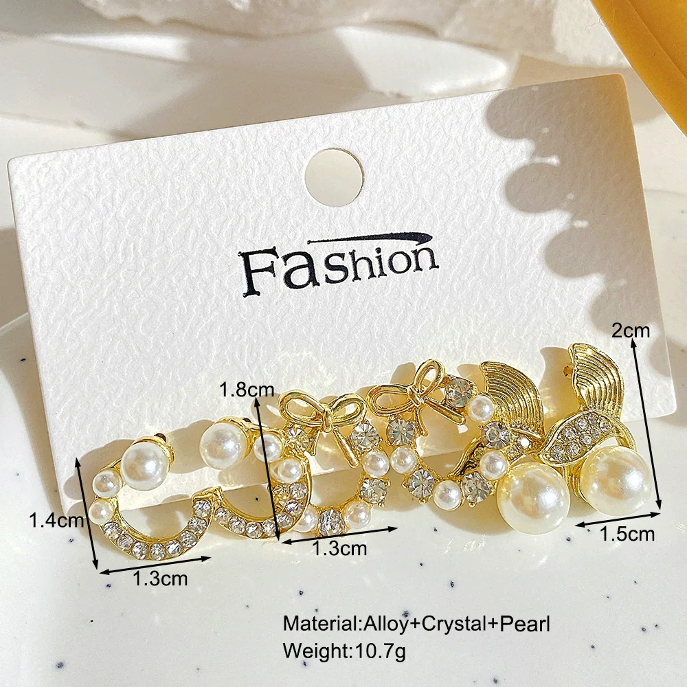 Retro Rhinestone Flower Pearl Geometric Metal Electroplating Unisex Earrings Set - Image 3