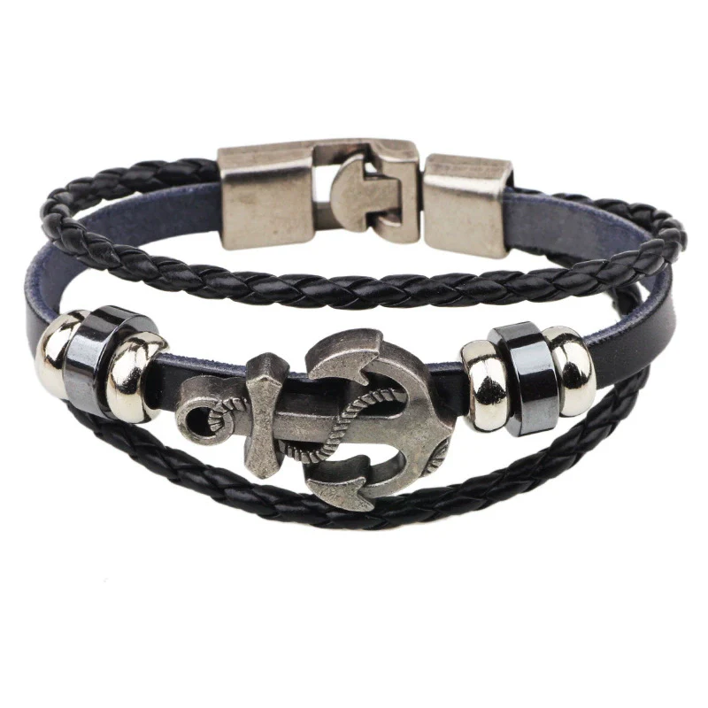 Retro Ship Anchor Multilayer Woven Cowhide Bracelet With Geometric Pattern And Electroplating Treatment