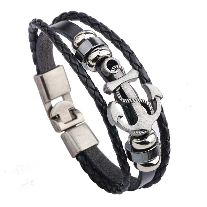 Retro Ship Anchor Multilayer Woven Cowhide Bracelet With Geometric Pattern And Electroplating Treatment - Image 2