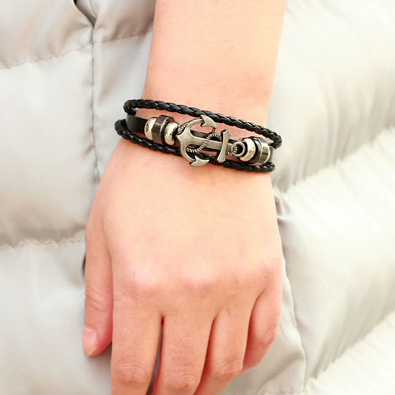 Retro Ship Anchor Multilayer Woven Cowhide Bracelet With Geometric Pattern And Electroplating Treatment - Image 3