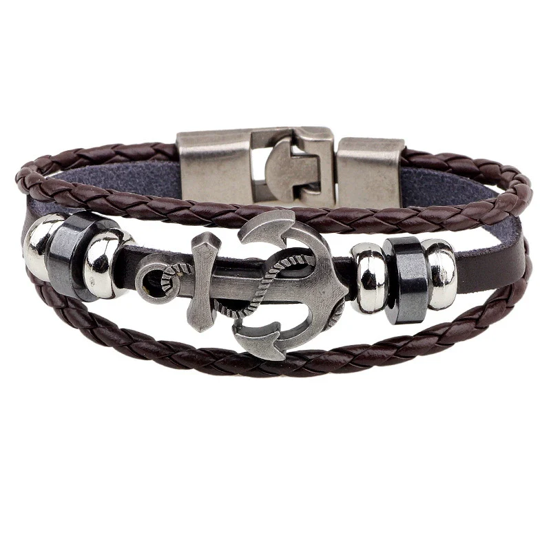 Retro Ship Anchor Multilayer Woven Cowhide Bracelet With Geometric Pattern And Electroplating Treatment - Image 6