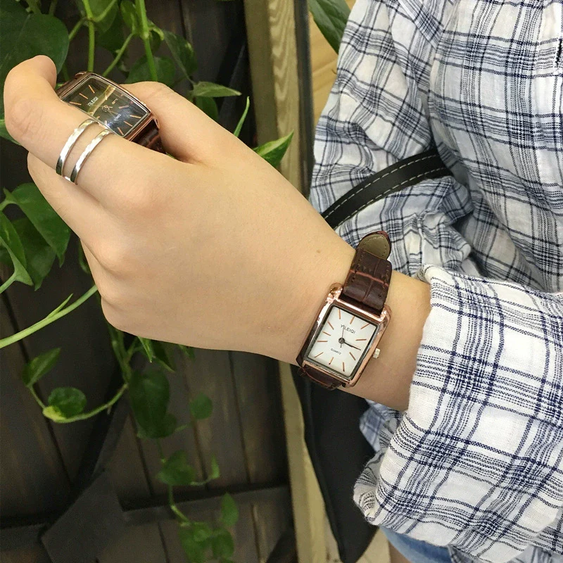 Retro Square Belt Watch Alloy Case Stainless Steel Clasp Genuine Leather Strap For Female