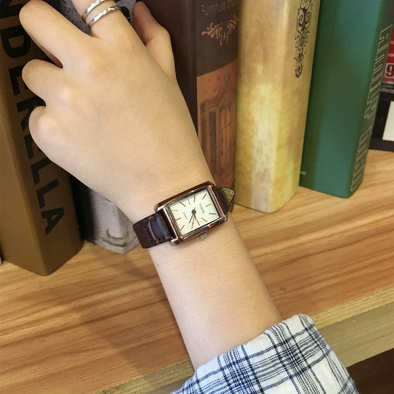 Retro Square Belt Watch Alloy Case Stainless Steel Clasp Genuine Leather Strap For Female - Image 2