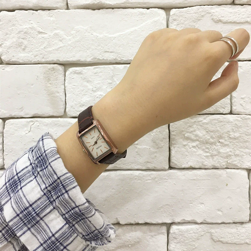 Retro Square Belt Watch Alloy Case Stainless Steel Clasp Genuine Leather Strap For Female - Image 4