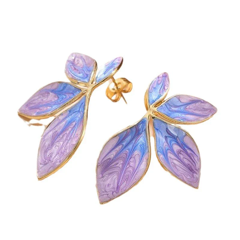 Retro Stainless Steel Geometric Leaf Shape Painted Electroplated Earrings - Image 5