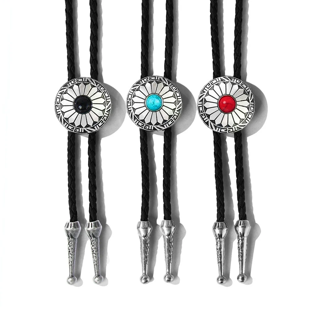 Retro Style Alloy Woolen Chain With Petal Gemstone Electroplated Bolo Tie For Men And Women