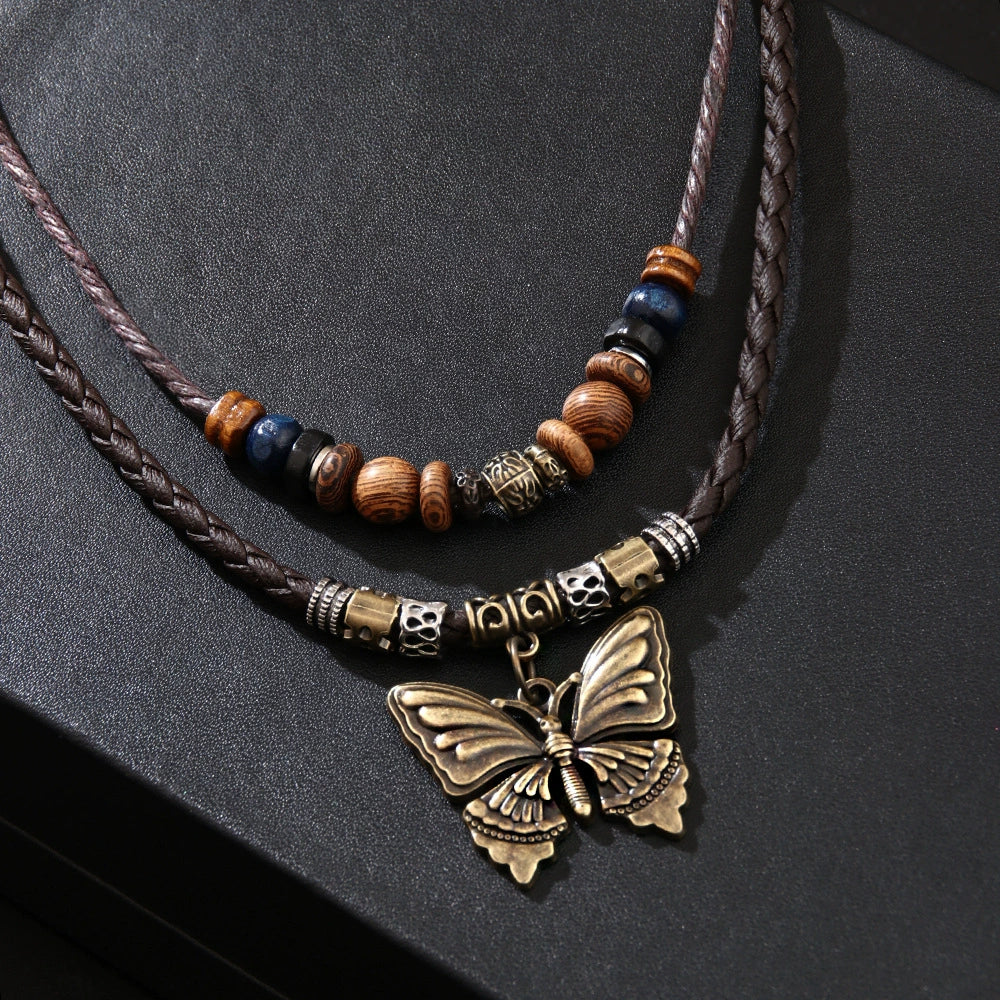 Retro Wooden Bead And Leather Chain Necklace With Butterfly Metal Pendant In Insect Pattern Zinc Alloy And Alloy Material Electroplating Process Unisex