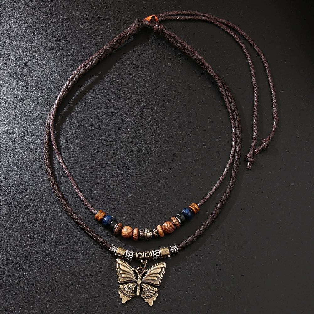 Retro Wooden Bead And Leather Chain Necklace With Butterfly Metal Pendant In Insect Pattern Zinc Alloy And Alloy Material Electroplating Process Unisex - Image 2