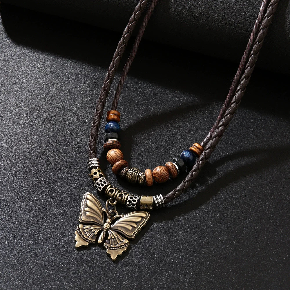 Retro Wooden Bead And Leather Chain Necklace With Butterfly Metal Pendant In Insect Pattern Zinc Alloy And Alloy Material Electroplating Process Unisex - Image 3