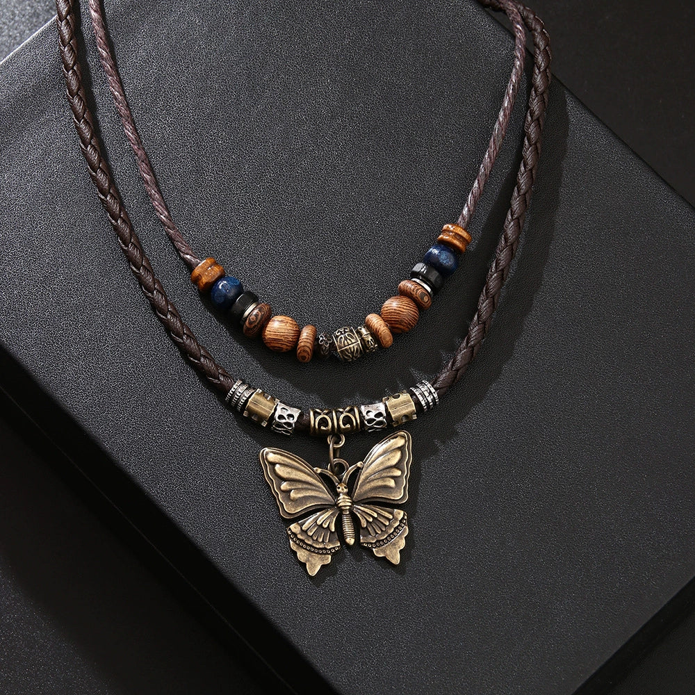 Retro Wooden Bead And Leather Chain Necklace With Butterfly Metal Pendant In Insect Pattern Zinc Alloy And Alloy Material Electroplating Process Unisex - Image 4