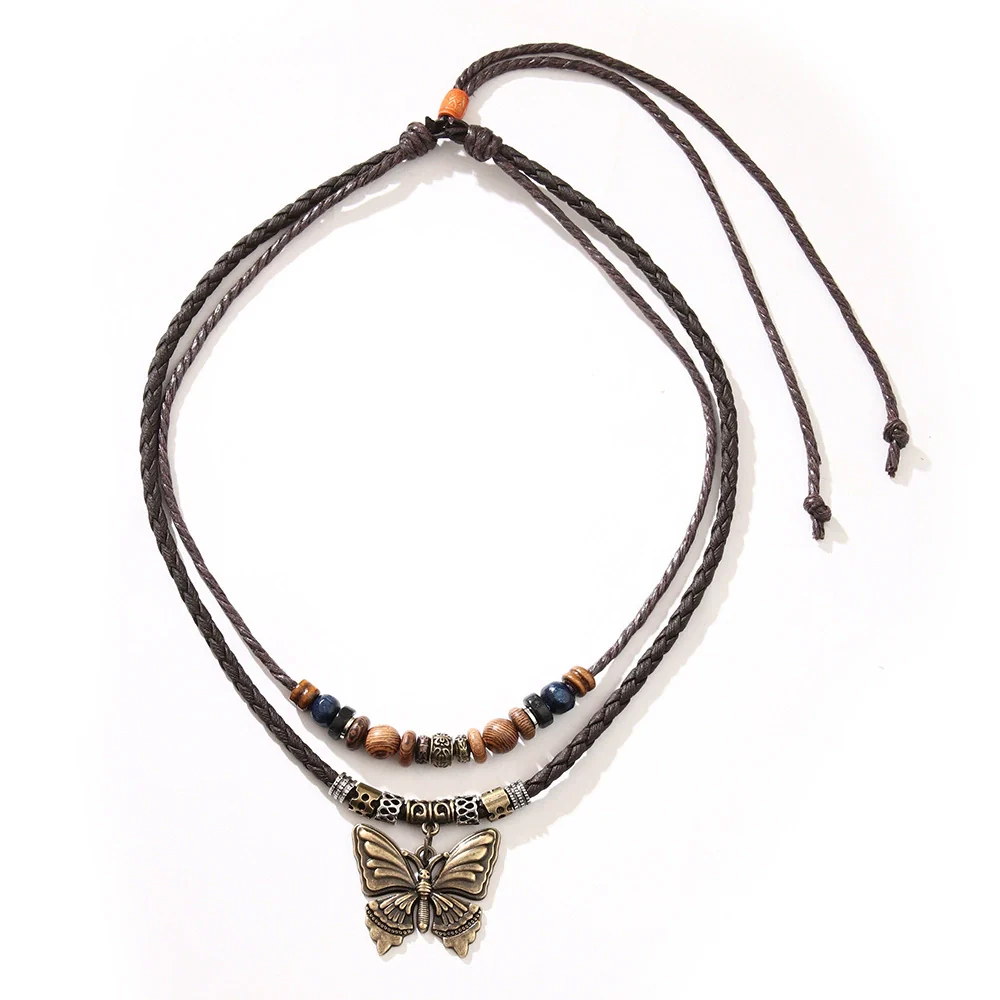 Retro Wooden Bead And Leather Chain Necklace With Butterfly Metal Pendant In Insect Pattern Zinc Alloy And Alloy Material Electroplating Process Unisex - Image 5