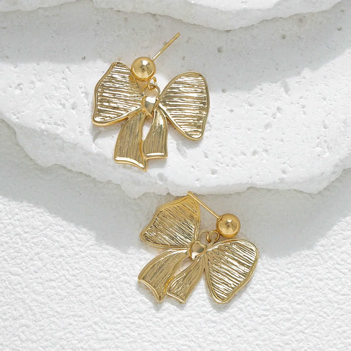 Ribbon Bow Drape Earrings Stainless Steel Gold Plated - Image 3