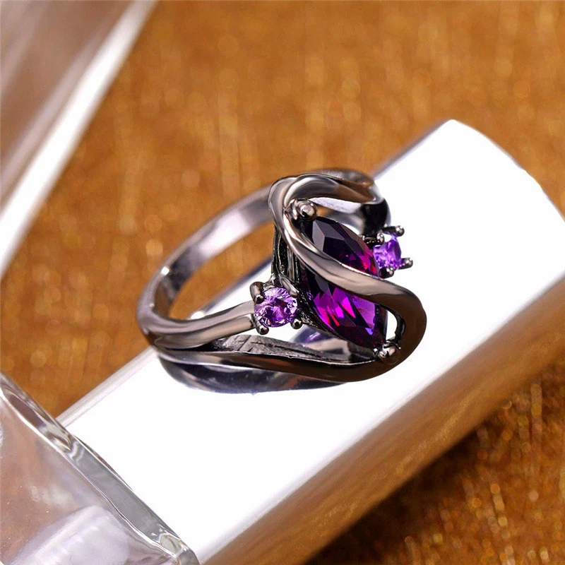 Ring Alloy Geometric Black Gold Amethyst Diamond - Image 4