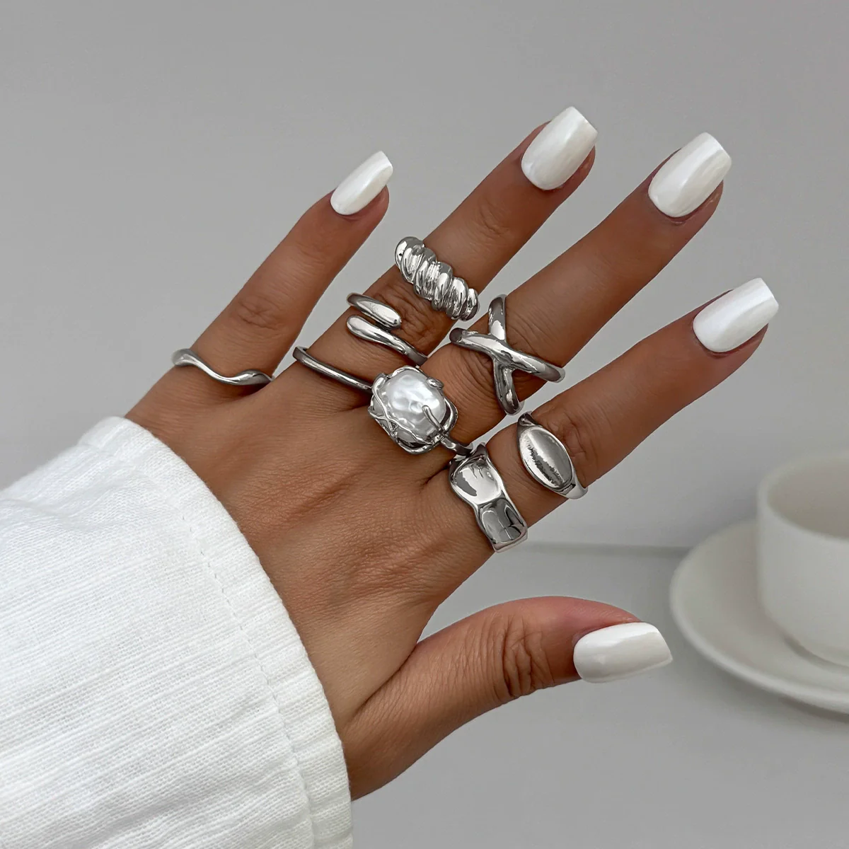 Ring Metal Geometric Electroplated Liquid Metal Pleated Irregular Cross Water Drop Hug Open Style For Women - Image 14