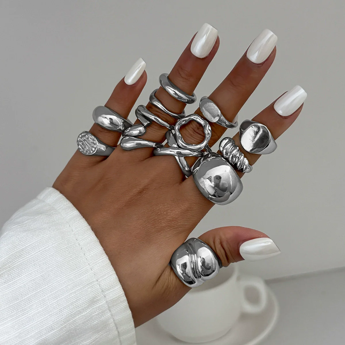 Ring Metal Geometric Electroplated Liquid Metal Pleated Irregular Cross Water Drop Hug Open Style For Women - Image 16
