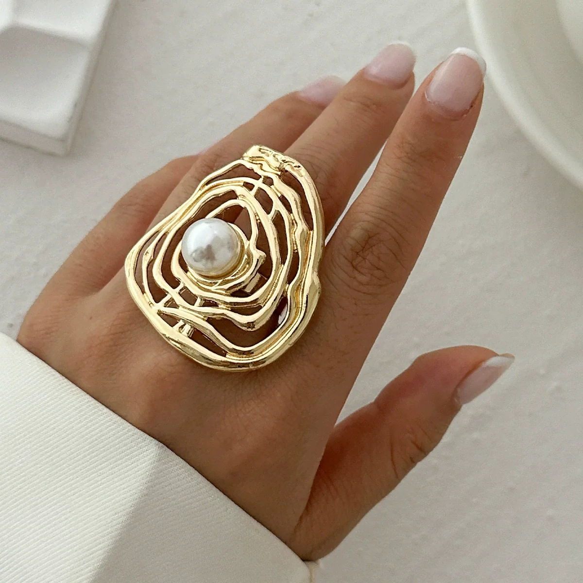 Ring Metal Imitation Pearl Pleated Leaves Geometric Animal Zodiac Electroplated Women's - Image 6