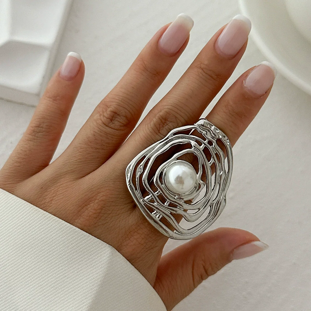 Ring Metal Imitation Pearl Pleated Leaves Geometric Animal Zodiac Electroplated Women's - Image 7