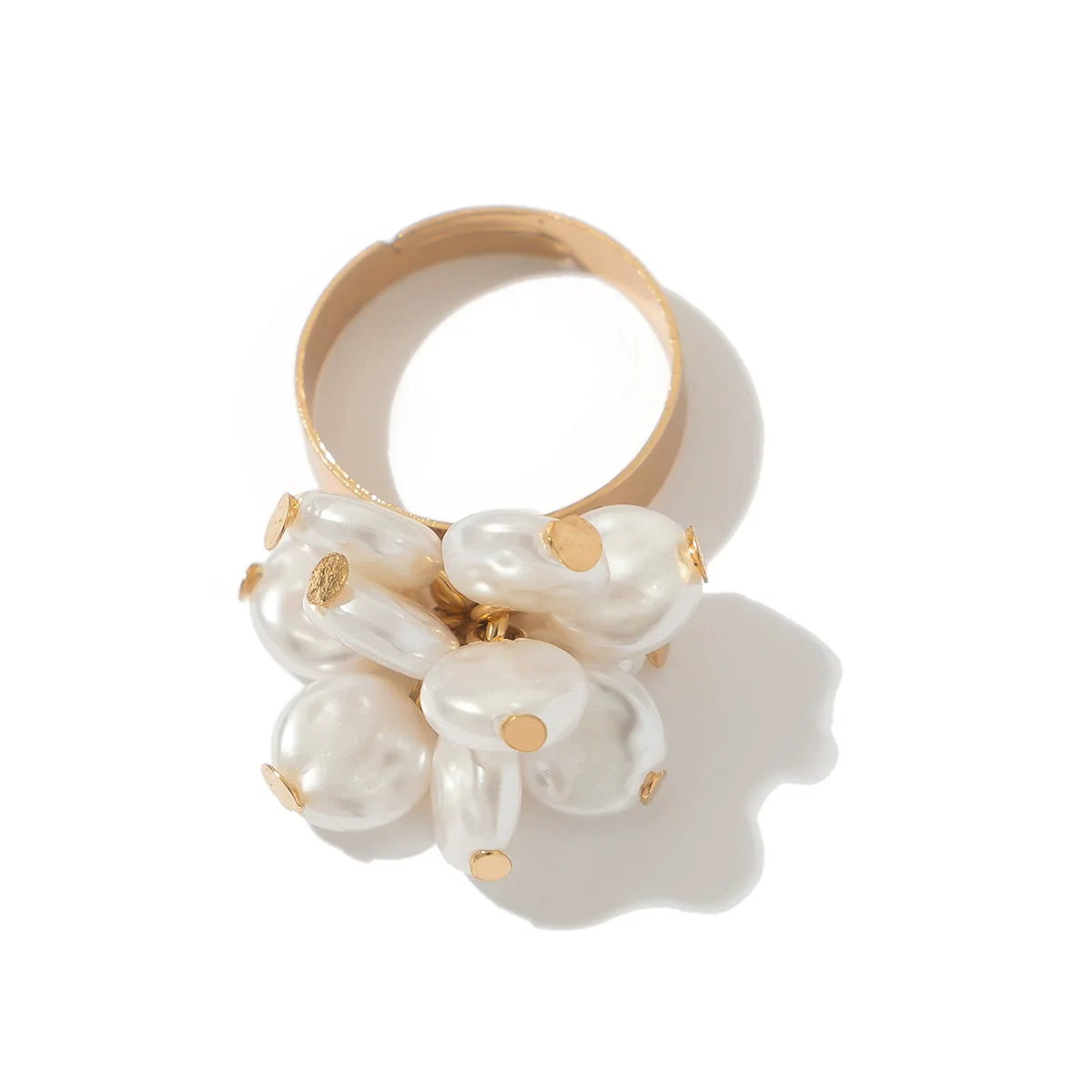 Ring Metal Imitation Pearl Ruffled Feather Flower Leaf Electroplated Style - Image 4