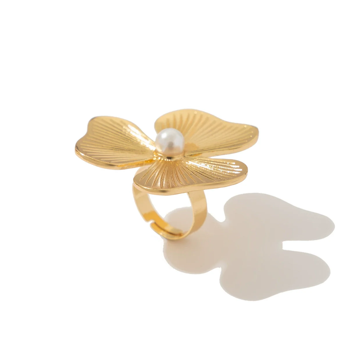 Ring Metal Imitation Pearl Ruffled Feather Flower Leaf Electroplated Style - Image 9