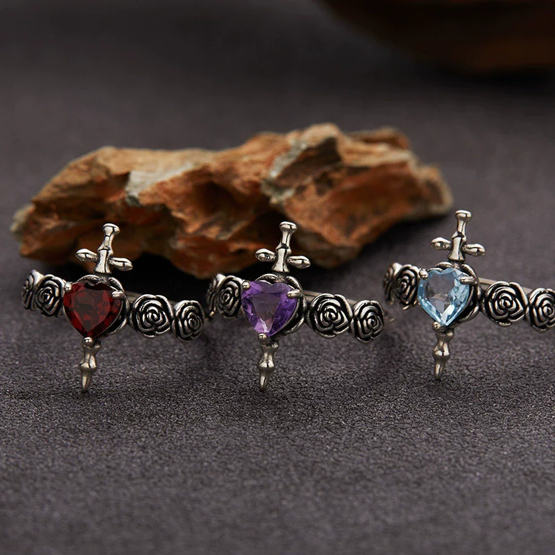 Ring S925 Sterling Silver Crystal Heart Shape Set With Gems For Women Plants And Flowers Style