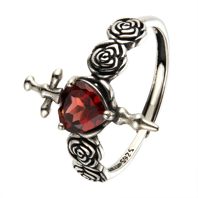 Ring S925 Sterling Silver Crystal Heart Shape Set With Gems For Women Plants And Flowers Style - Image 5