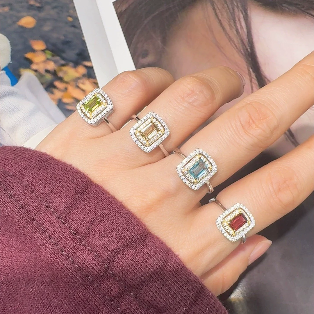 Ring S925 Sterling Silver Crystal Natural Citrine Amethyst Colored Gemstone Geometric Ushaped Set With Gems Light Luxury Style - Image 2