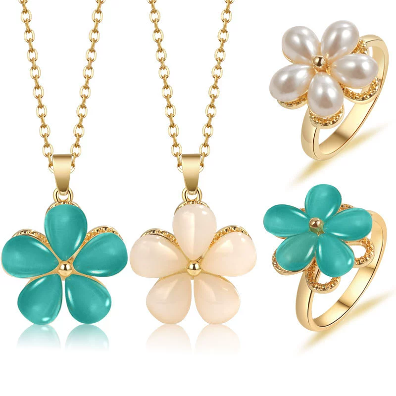 Rotating Ring And Necklace Suit Pearl Copper Geometric Plant Flowers Electroplated For Women