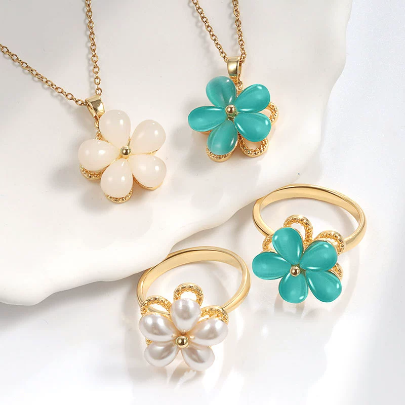 Rotating Ring And Necklace Suit Pearl Copper Geometric Plant Flowers Electroplated For Women - Image 3