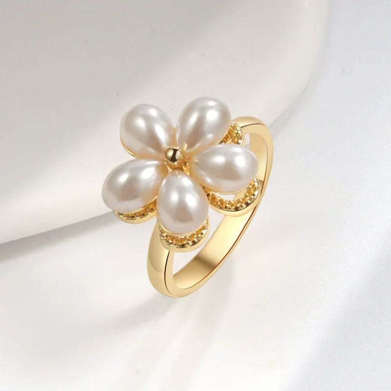 Rotating Ring And Necklace Suit Pearl Copper Geometric Plant Flowers Electroplated For Women - Image 7