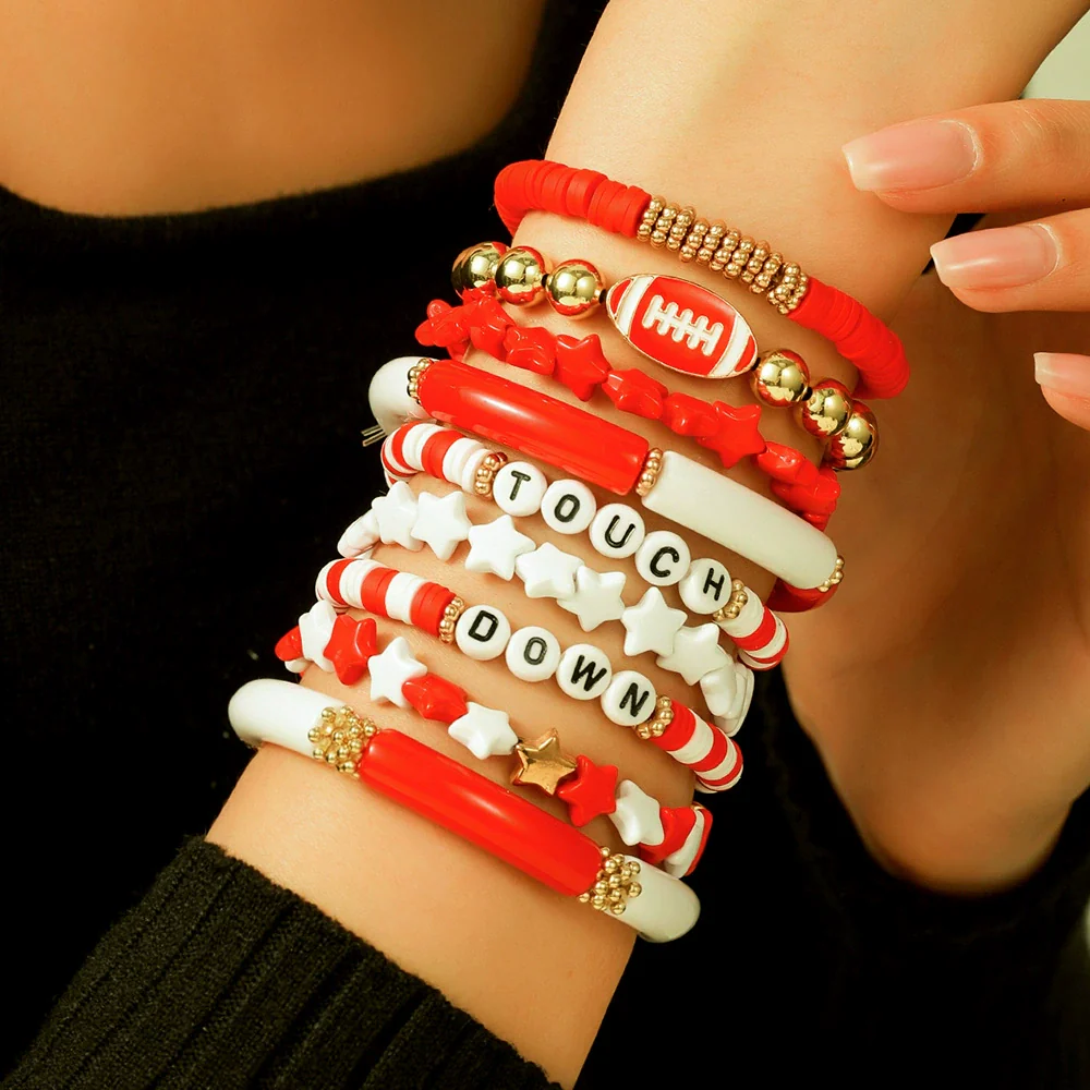 Rugby Bracelet Multilayered Stacked Fivepointed Star Letter Soft Pottery Friendship Elastic Beaded Handmade Geometric Polymer Alloy Acrylic Bracelet Unisex - Image 2