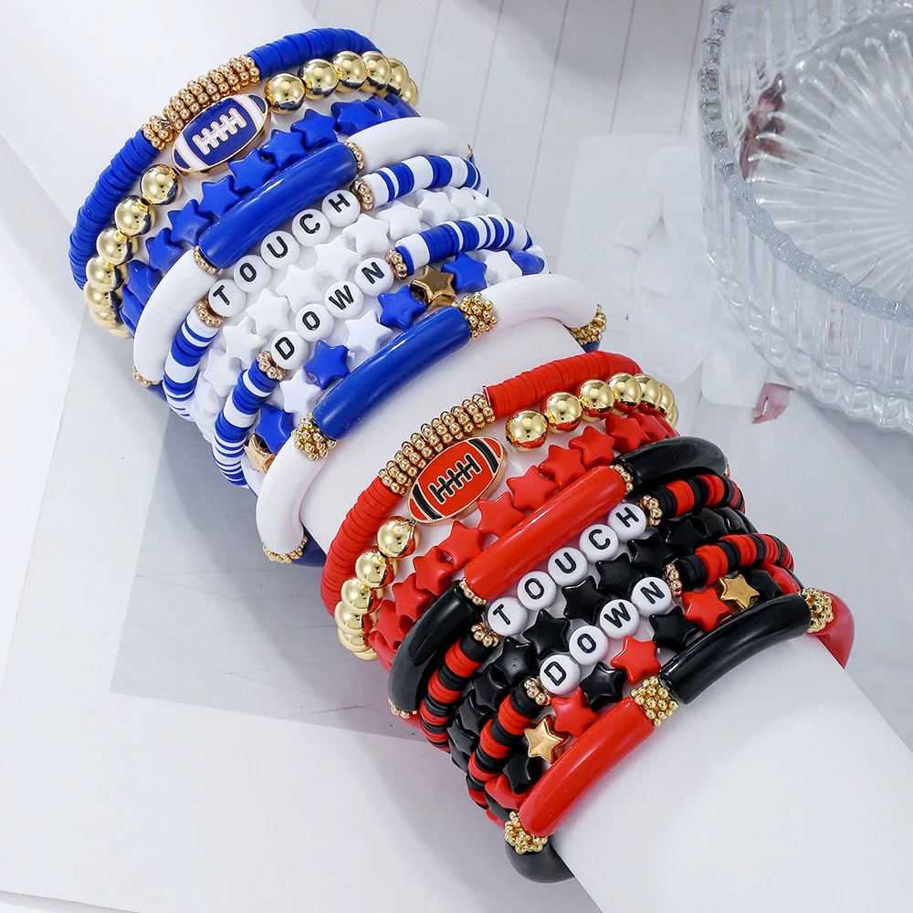 Rugby Bracelet Multilayered Stacked Fivepointed Star Letter Soft Pottery Friendship Elastic Beaded Handmade Geometric Polymer Alloy Acrylic Bracelet Unisex - Image 3