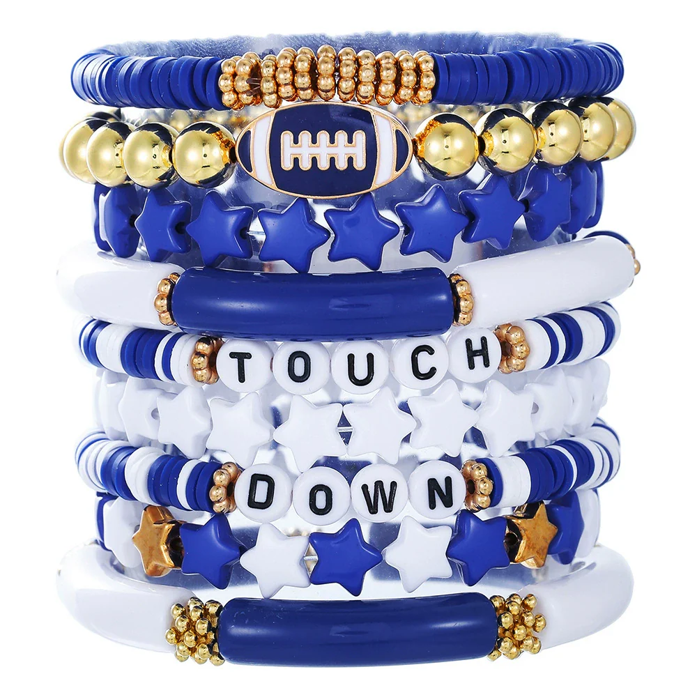 Rugby Bracelet Multilayered Stacked Fivepointed Star Letter Soft Pottery Friendship Elastic Beaded Handmade Geometric Polymer Alloy Acrylic Bracelet Unisex - Image 4