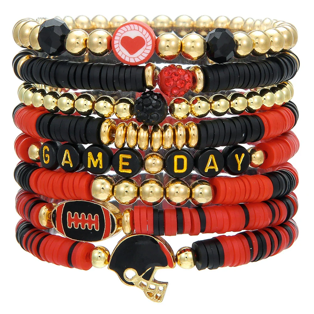 Rugby Bracelet Multilayered Stacked Fivepointed Star Letter Soft Pottery Friendship Elastic Beaded Handmade Geometric Polymer Alloy Acrylic Bracelet Unisex - Image 7