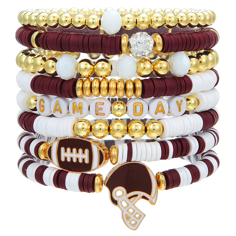 Rugby Bracelet Multilayered Stacked Fivepointed Star Letter Soft Pottery Friendship Elastic Beaded Handmade Geometric Polymer Alloy Acrylic Bracelet Unisex - Image 9