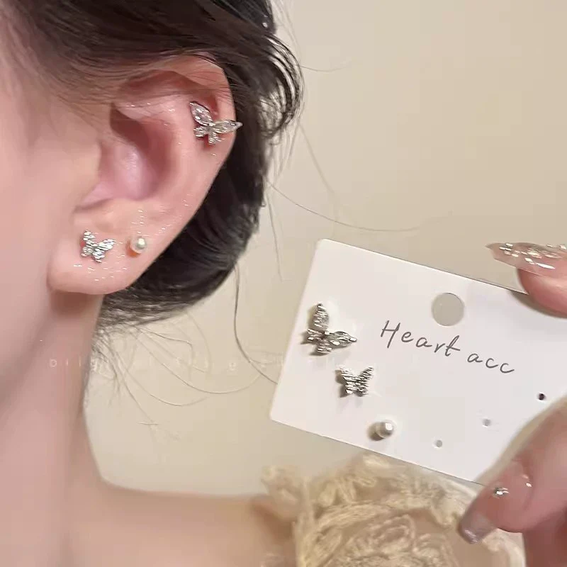 S925 Silver Butterfly Stud Earrings For Women Zircon Pearl Electroplated Light Luxury Niche Highend Minimalist Geometric - Image 17