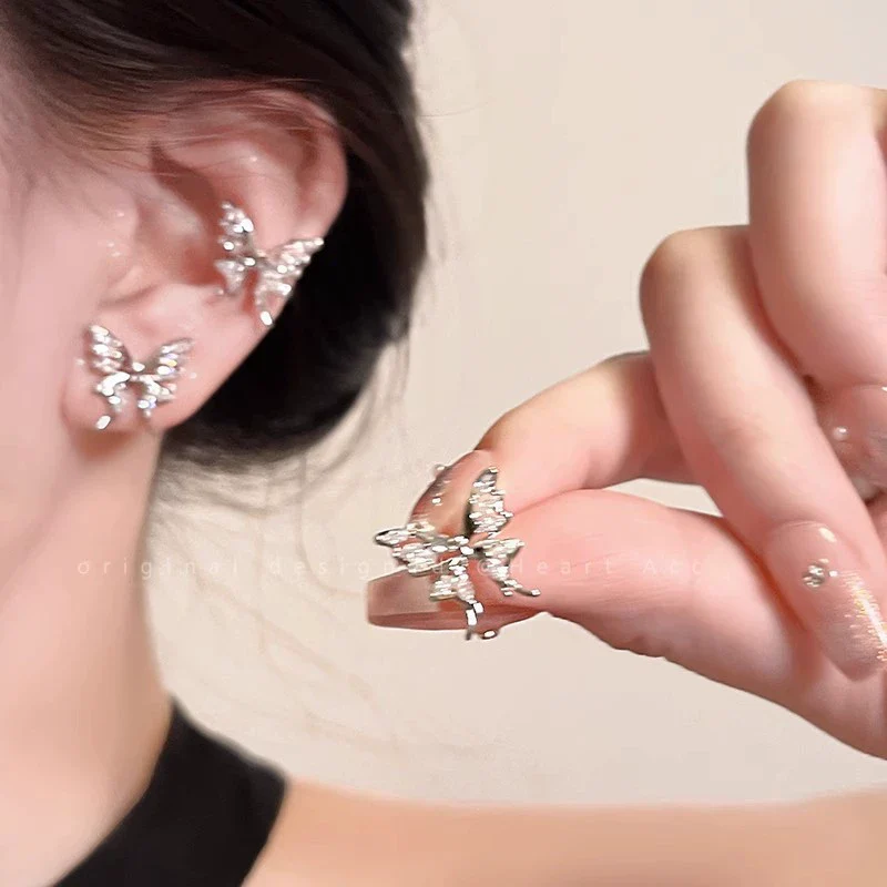 S925 Silver Butterfly Stud Earrings For Women Zircon Pearl Electroplated Light Luxury Niche Highend Minimalist Geometric - Image 4