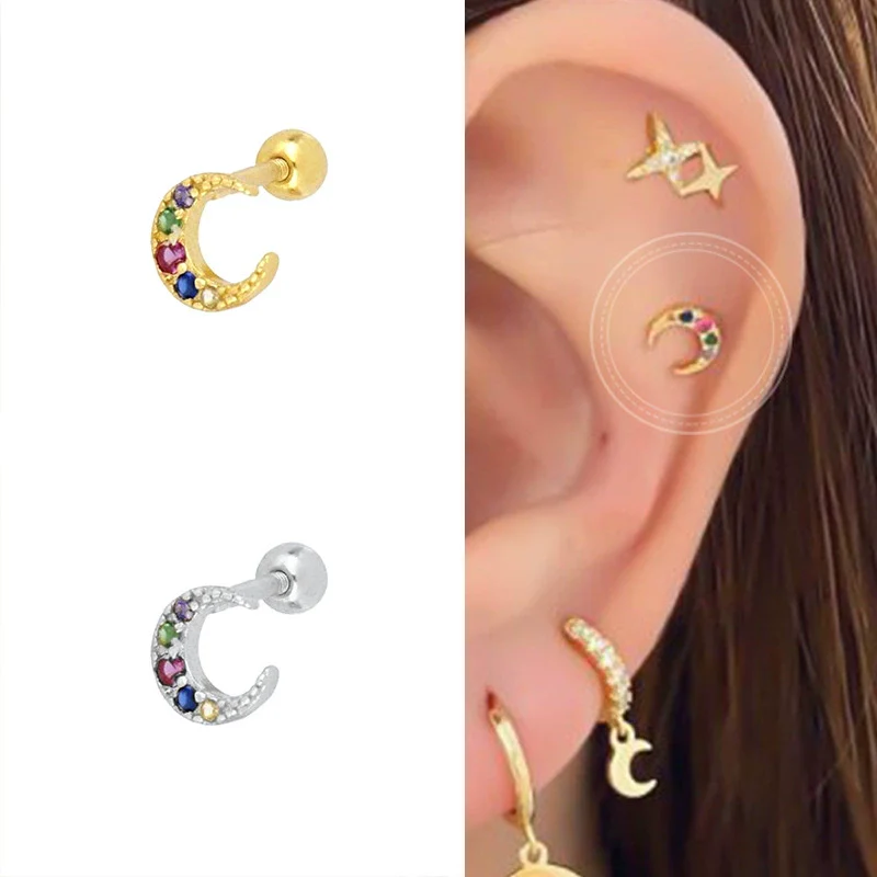 S925 Silver Microinlaid Colorful Zircon Cshaped Crescent Earrings - Image 4