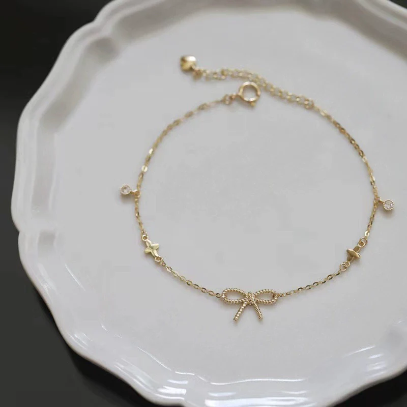 S925 Sterling Silver Bow And Flower Patterned Bracelet For Women 14K Gold Plated