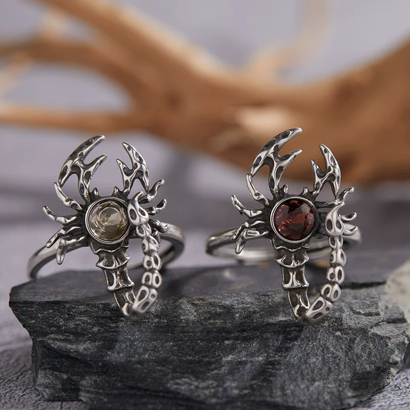 S925 Sterling Silver Ring With Natural Garnet Citrine Retro Personality Exaggerated Opal Scorpion Animals Zodiac Set With Precious Stones Antique Style